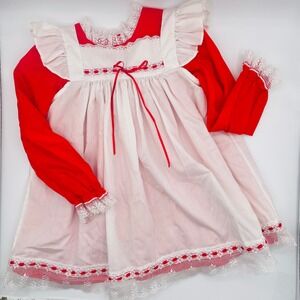 Vtg Bryan Pinafore Dress Red White Lace Trim LS 80s 90s Feminine Christmas Sz. 4